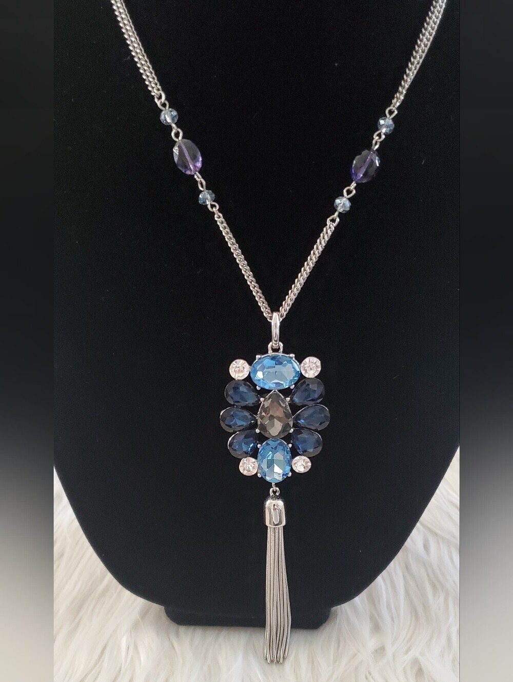 WHBM Silver Tone Blue Purple Crystal Pendant Necklace | Long Statement Necklace